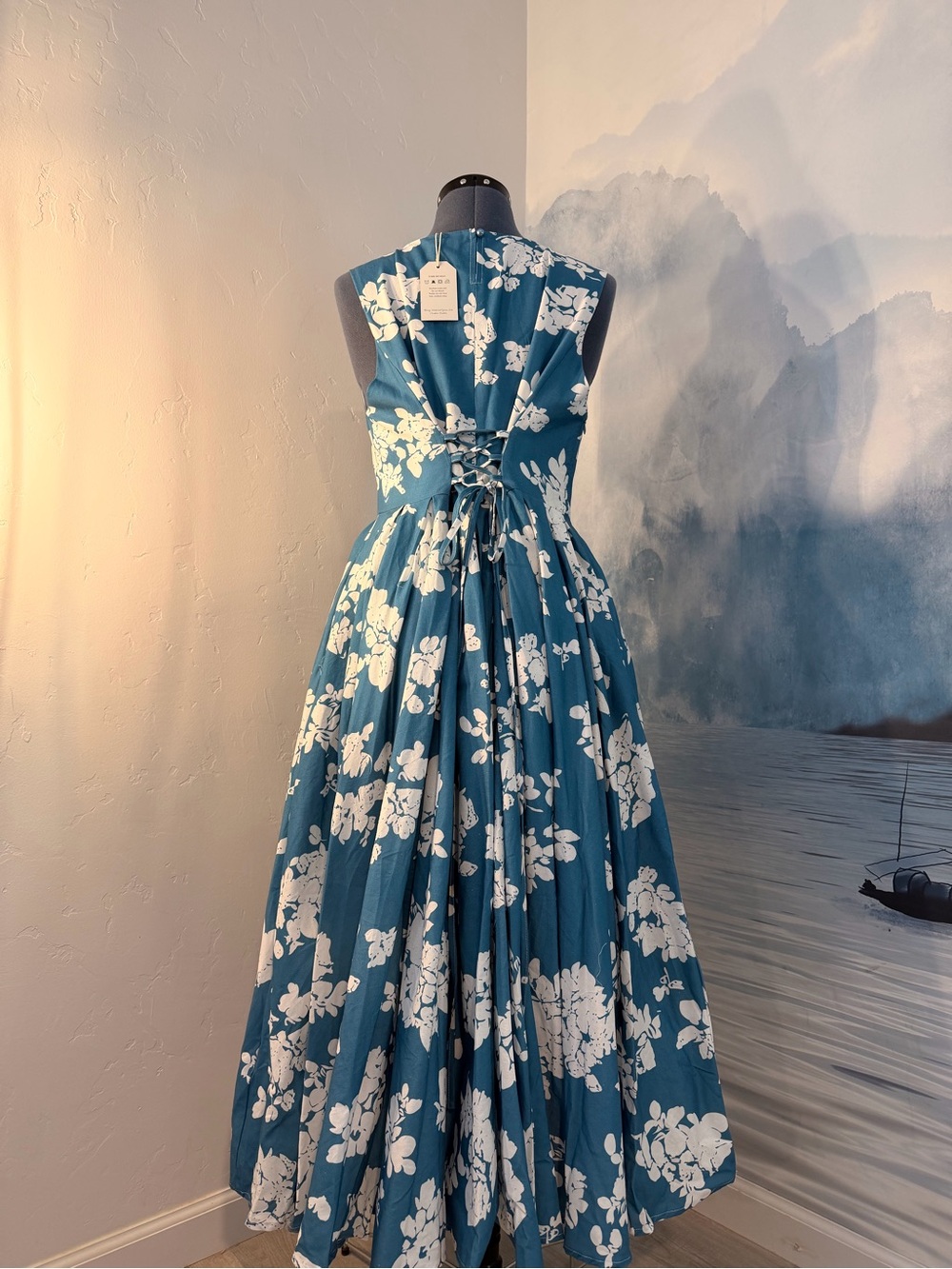 Sleeveless Teal Floral Midi Dress with Full Skirt Linen and Cotton Material 185 - Picture 5 of 16